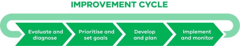 FISO improvement cycle: evaluate and diagnose, prioritise and set goals, develop and plan, implement and monitor